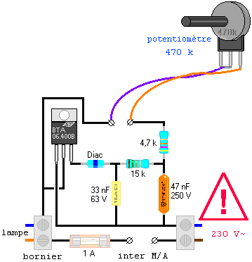 Schemas et montages electroniques.: Schema de Variateur de lumiÃ¨re a Triac  1000W max